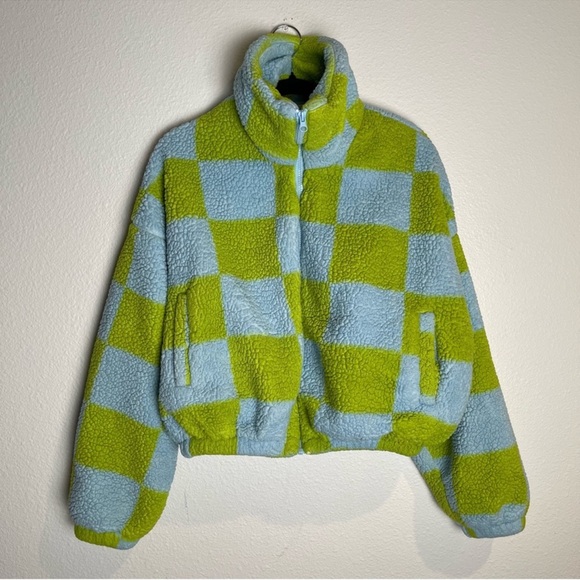 Urban Outfitters Checkered Jacket Size Small Turquoise and Green Colorful Funky - Picture 4 of 14